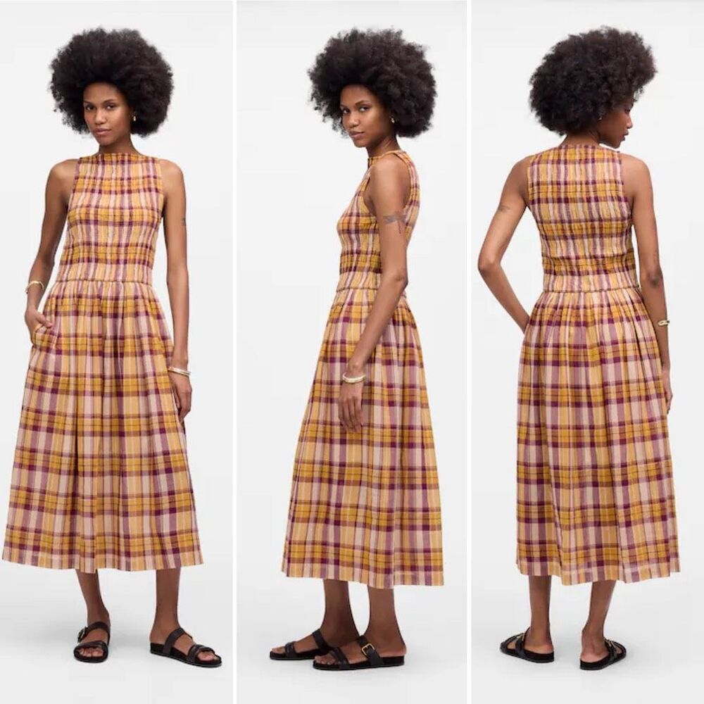 Madewell NWT Smocked Boatneck Maxi Dress in Plaid Seersucker Size M